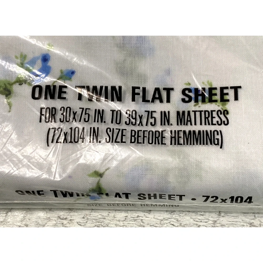Vintage 1970s NOS  Twin Flat Sheet Fruit Of The Loom Muslin Blue Rose Flower